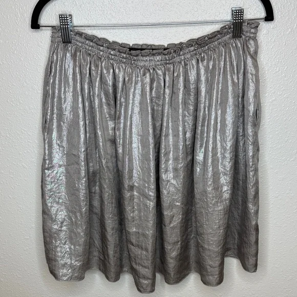 Corey Lynn Calter Shiny Stretch Metallic Silver Pewter A-Line Skirt w pockets- S - Picture 8 of 10